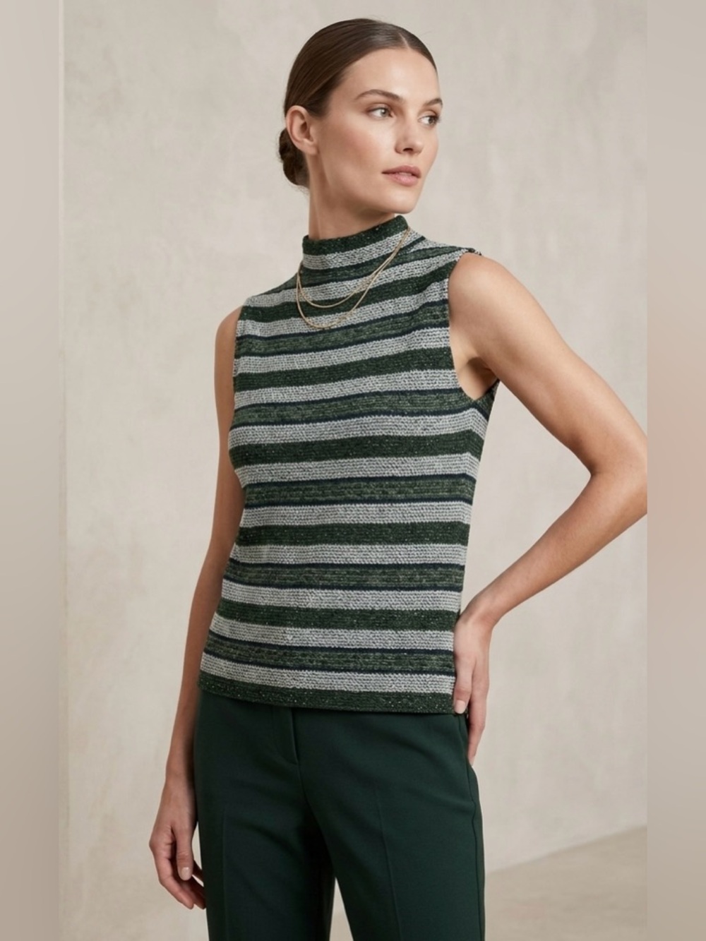 VTG St. John Sport Marie Gray Striped Mock Neck Knit Top Size‎ S Green